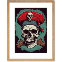 Artery8 Wall Art Print Old School USA Tattoo Ink Body Art Pirate Skull Rockabilly Americana 50s Artwork Framed 9X7 Inch in Beige | Size: W7" x H9"