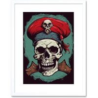 Artery8 Wall Art Print Old School USA Tattoo Ink Body Art Pirate Skull Rockabilly Americana 50s Artwork Framed 9X7 Inch in White | Size: W7" x H9"