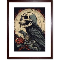 Artery8 Wall Art Print Raven Human Skull Old School USA Tattoo Ink Body Rockabilly Americana 50s Artwork Framed 9X7 Inch in Brown | Size: W7" x H9"