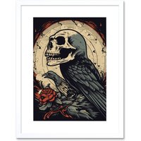 Artery8 Wall Art Print Raven Human Skull Old School USA Tattoo Ink Body Rockabilly Americana 50s Artwork Framed 9X7 Inch in White | Size: W7" x H9"
