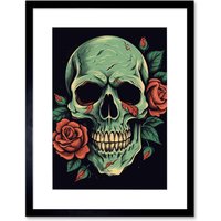 Artery8 Wall Art Print Old School USA Tattoo Ink Body Art Skull Rose Rockabilly Americana 50s Artwork Framed 9X7 Inch in Black | Size: W7" x H9"
