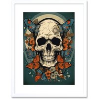 Artery8 Wall Art Print Skull Moths Old School USA Tattoo Ink Body Art Rockabilly Americana 50s Artwork Framed 9X7 Inch in White | Size: W7" x H9"
