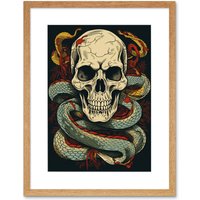 Artery8 Wall Art Print Skull Snakes Old School USA Tattoo Ink Body Art Rockabilly Americana 50s Artwork Framed 9X7 Inch in Beige | Size: W7" x H9"