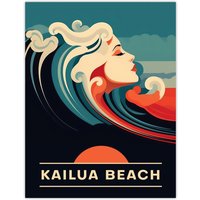 Artery8 Wall Art Print The Seaside Calls Kailua Beach Hawaii USA Sunset Woman of the Waves Sea Siren Ocean Poster in Blue | Size: W18" x H24"