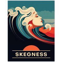 Artery8 Wall Art Print The Seaside Calls Skegness Beach England UK Sunset Woman of the Waves Sea Siren Ocean Poster in Blue | Size: W18" x H24"