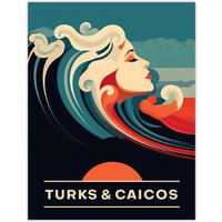 Artery8 Wall Art Print The Seaside Calls Turks & Caicos Islands Beach Sunset Woman of the Waves Sea Siren Ocean Poster in Blue | Size: W18" x H24"