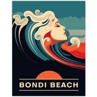 Artery8 Wall Art Print The Seaside Calls Bondi Beach Australia Sunset Woman of the Waves Sea Siren Ocean Poster in Blue | Size: W24" x H32"