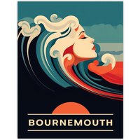 Artery8 Wall Art Print The Seaside Calls Bournemouth Beach England UK Sunset Woman of the Waves Sea Siren Ocean Poster in Blue | Size: W24" x H32"