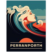 Artery8 Wall Art Print The Seaside Calls Perranporth Beach England UK Sunset Woman of the Waves Sea Siren Ocean Poster in Blue | Size: W24" x H32"