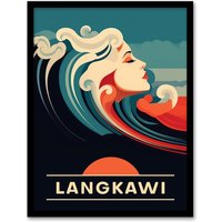 Artery8 Wall Art Print The Seaside Calls Langkawi Beach Malaysia Sunset Woman of the Waves Sea Siren Ocean Art Framed in Blue | Size: A4