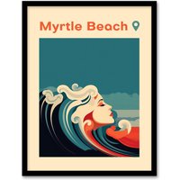 Artery8 Wall Art Print The Seaside Calls Myrtle Beach USA South Carolina Modern Woman of the Waves Sea Siren Ocean Art Framed in Blue | Size: A4