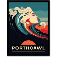 Artery8 Wall Art Print The Seaside Calls Porthcawl Beach Wales UK Sunset Woman of the Waves Sea Siren Ocean Art Framed in Blue | Size: A4