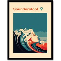 Artery8 Wall Art Print The Seaside Calls Saundersfoot Beach Wales UK Modern Woman of the Waves Sea Siren Ocean Art Framed in Blue | Size: A4