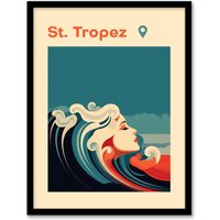 Artery8 Wall Art Print The Seaside Calls St Tropez Beach France Modern Woman of the Waves Sea Siren Ocean Art Framed in Blue | Size: A4