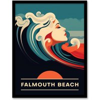 Artery8 Wall Art Print The Seaside Calls Falmouth Beach England UK Sunset Woman of the Waves Sea Siren Ocean Art Framed in Blue | Size: W12" x H16"