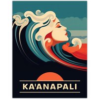 Artery8 Wall Art Print The Seaside Calls Kaanapali Beach Hawaii USA Sunset Woman of the Waves Sea Siren Ocean Poster in Blue | Size: W12" x H16"