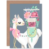 Wee Blue Coo Llama with Bow & Flower Basket Animal Birthday Card