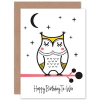 Wee Blue Coo Happy Birthday to-Woo White Owl on Branch at Night Card