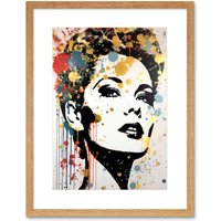Artery8 Wall Art Print High Contrast Female Retro Portrait Gold Red Yellow Splat Paint Teen Room Artwork Framed 9X7 Inch in Beige | Size: W7" x H9"