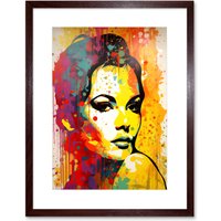 Artery8 Wall Art Print Female Portrait Vibrant Modern Paint Bright Retro Glam Linocut Teen Room Artwork Framed 9X7 Inch in Brown | Size: W7" x H9"