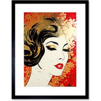 Artery8 Wall Art Print Woman Face Retro Glam Aesthetic Gold Flower Pattern Red Linocut Portrait Teen Room Artwork Framed 9X7 Inch | Size: W7" x H9"