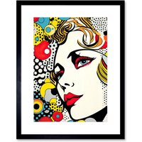 Artery8 Wall Art Print Woman Face Geometric Patterns Bubbles Comic Book Style Pop Art Teen Room Halftone Artwork Framed 9X7 Inch | Size: W7" x H9"