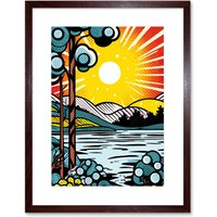 Artery8 Wall Art Print Sunset Lakeside Landscape Comic Book Style Bubble Patterns Halftone Artwork Framed 9X7 Inch in Brown | Size: W7" x H9"