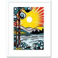 Artery8 Wall Art Print Sunset Lakeside Landscape Comic Book Style Bubble Patterns Halftone Artwork Framed 9X7 Inch in White | Size: W7" x H9"