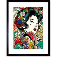 Artery8 Wall Art Print Modern Geisha Portrait Flower Patterns Bright Floral Japan Japan Sage Green Artwork Framed 9X7 Inch in Black | Size: W7" x H9"