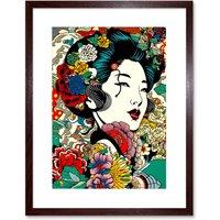 Artery8 Wall Art Print Modern Geisha Portrait Flower Patterns Bright Floral Japan Japan Sage Green Artwork Framed 9X7 Inch in Brown | Size: W7" x H9"