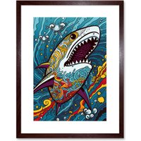 Artery8 Wall Art Print Shark Acrylic Painting Colourful Psychedelic Patterns Aquatic Animal Pop Artwork Framed 9X7 Inch in Brown | Size: W7" x H9"