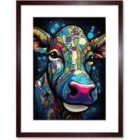 Artery8 Wall Art Print Psychedelic Pattern Cow Acrylic Painting Colourful Folk Portrait Modern Pop Artwork Framed 9X7 Inch in Brown | Size: W7" x H9"