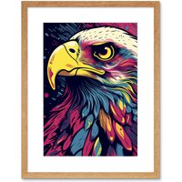 Artery8 Wall Art Print Bald Eagle Linocut Portrait Colourful Feathers USA Symbol Modern Pop Artwork Framed 9X7 Inch in Beige | Size: W7" x H9"