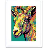 Artery8 Wall Art Print The Trippy Goat Psychedelic Portrait Vibrant Colourful Patterns Modern Pop Artwork Framed 9X7 Inch in White | Size: W7" x H9"