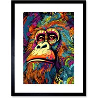 Artery8 Wall Art Print Majestic Orangutan Great Ape Colourful Psychedelic Borneo Rainforest Artwork Framed 9X7 Inch in Black | Size: W7" x H9"