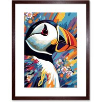 Artery8 Wall Art Print Puffin & Flowers Acrylic Paint Vibrant Colour Brushes Psychedelic Sea Bird Artwork Framed 9X7 Inch in Brown | Size: W7" x H9"
