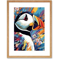 Artery8 Wall Art Print Puffin & Flowers Acrylic Paint Vibrant Colour Brushes Psychedelic Sea Bird Artwork Framed 9X7 Inch in Beige | Size: W7" x H9"