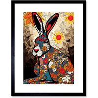 Artery8 Wall Art Print The Floral Hare Flower Power Pattern Painting Colourful Psychedelic Flowers Artwork Framed 9X7 Inch in Black | Size: W7" x H9"