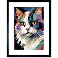 Artery8 Wall Art Print Fluffy Ragdoll Cat Portrait Colourful Purple Blue Black Modern Flt Style painting Artwork Framed 9X7 Inch | Size: W7" x H9"