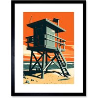 Artery8 Wall Art Print Lifeguard Tower Seascape Pastel Colour Orange Teal Blue Beach Bathroom Artwork Framed 9X7 Inch in Black | Size: W7" x H9"