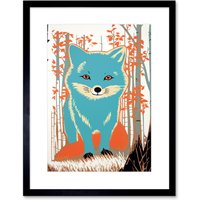 Artery8 Wall Art Print Cute Blue Fox Forest Glade Landscape Bright Woodland Baby Animal Kids Bedroom Artwork Framed 9X7 Inch | Size: W7" x H9"