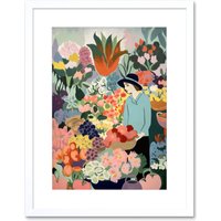 Artery8 Wall Art Print Danish Pastel Aesthetic Flower Market Watercolour Painting Woman Bouquet Artwork Framed 9X7 Inch in White | Size: W7" x H9"