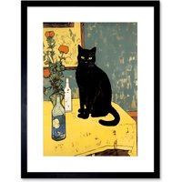 Artery8 Wall Art Print Simple Black Cat on Yellow Table Oil Painting Van Gogh Style Flowers Artwork Framed 9X7 Inch | Size: W7" x H9"