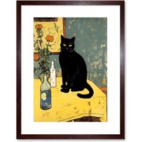 Artery8 Wall Art Print Simple Black Cat on Yellow Table Oil Painting Van Gogh Style Flowers Artwork Framed 9X7 Inch in Brown | Size: W7" x H9"