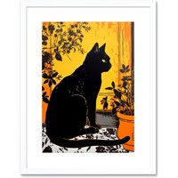 Artery8 Wall Art Print Black Cat by Potted Plants Oil Painting Mediterranean Yard Tiles Yellow Door Artwork Framed 9X7 Inch in White | Size: W7" x H9"