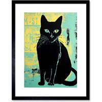 Artery8 Wall Art Print Black Cat Colour Linocut Teal Blue Yellow Simple Feline Vintage Ad Style Artwork Framed 9X7 Inch | Size: W7" x H9"