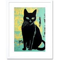 Artery8 Wall Art Print Black Cat Colour Linocut Teal Blue Yellow Simple Feline Vintage Ad Style Artwork Framed 9X7 Inch in White | Size: W7" x H9"