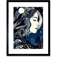 Artery8 Wall Art Print New Moon Goddess Winter Moonlit Witchy Forest Starry Night Mother Nature Boho Patterns Artwork Framed 9X7 Inch
