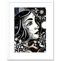 Artery8 Wall Art Print Moon & Sun Tarot Card Style Love Story Night Boho Plant Patterns Artwork Framed 9X7 Inch in White | Size: W7" x H9"