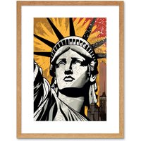 Artery8 Wall Art Print Statue of Liberty Comic Book Style Black Red Yellow New York City Skyscraper Artwork Framed 9X7 Inch in Beige | Size: W7" x H9"